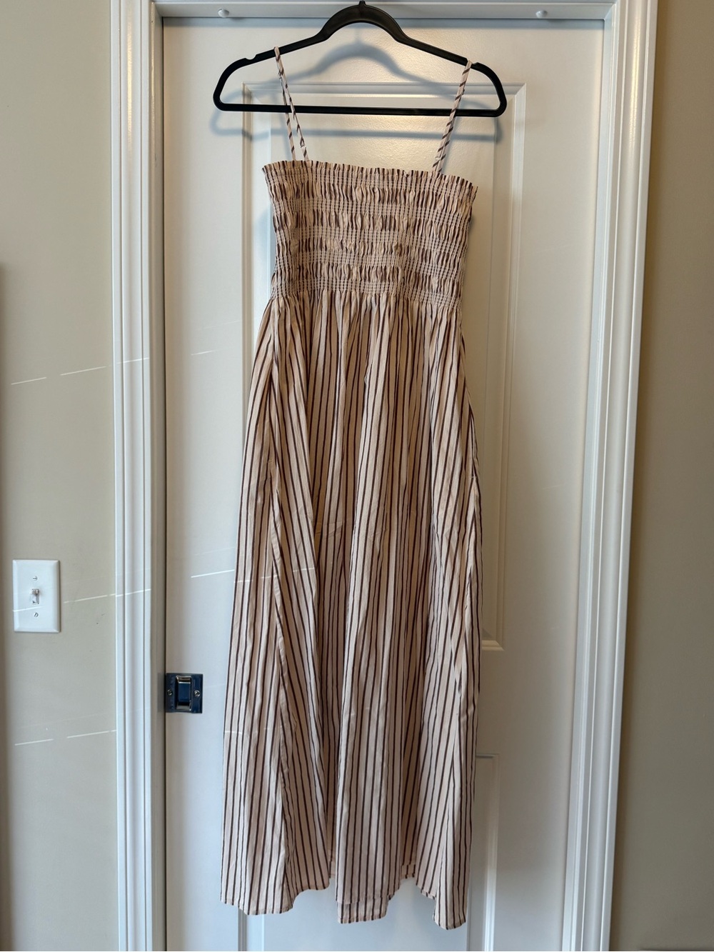 pistola Beige and Brown Striped Smocked Maxi Dress